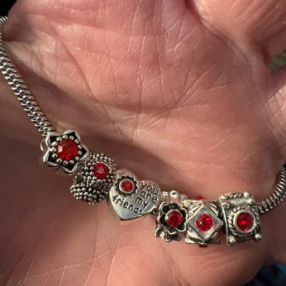 Charms- for bracelet (6) Silver Tone Red Ruby like stones net